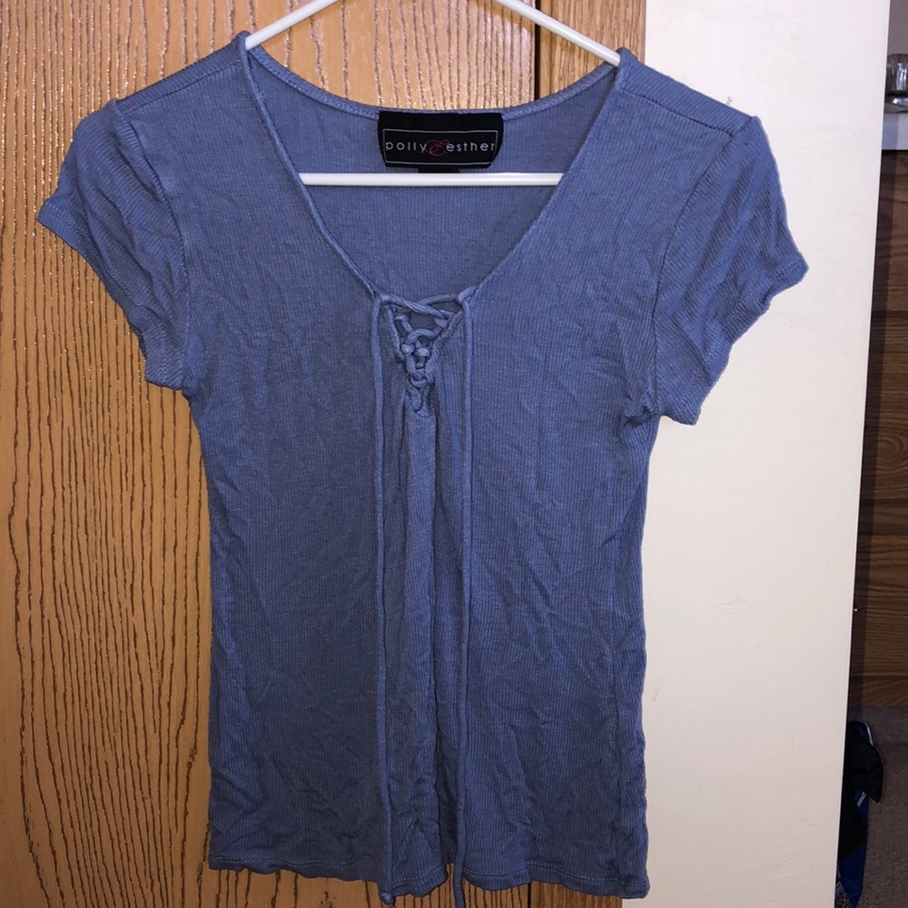 Blue lace up short sleeve top